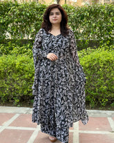 Black & White Georgette Front Slit Anarkali Set